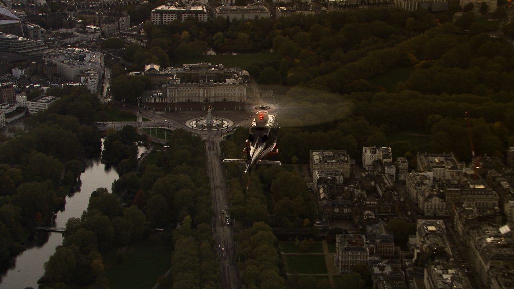 aerial shot of IWPI helicopter flying near Buckingham palace