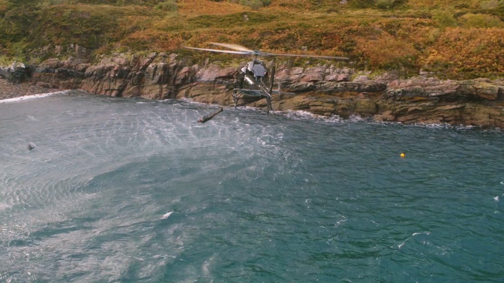 Ore Oduba aerial stunt - falling backwards into the waters off the Isle of Raasay. 